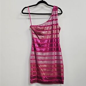 Boutique One Shoulder Pink Sequin Mini Dress Size M